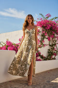 Tropical Chic Μάξι Φόρεμα με Μοτίβο Φύλλων Μονστέρας & Λεπτές Τιράντες