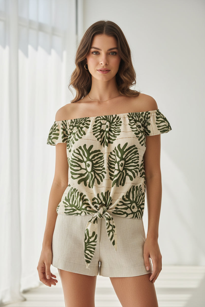 Boho Γυναικεία Μπλούζα Off-Shoulder με Φυσικό Μοτίβο και Δέσιμο