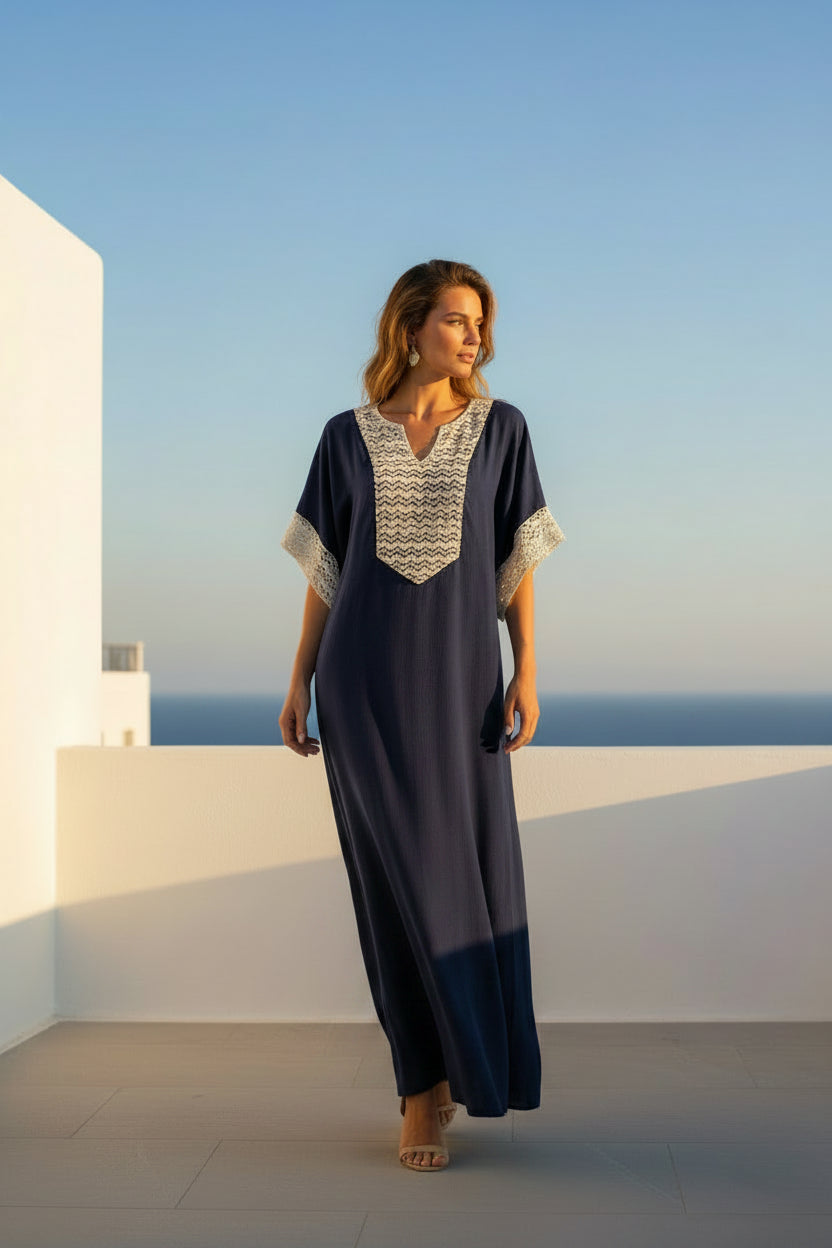 Aegean Breeze Μάξι Φόρεμα Καφτάνι με Ανάγλυφη Δαντέλα & Μανίκια Κιμονό