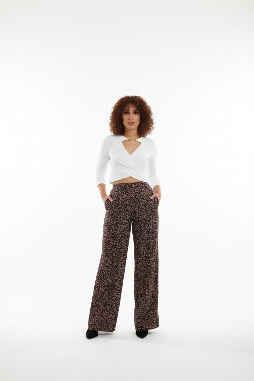 Ψηλόμεσο Παντελόνι Wide-Leg με Animal / Μικρό Φλοράλ Μοτίβο