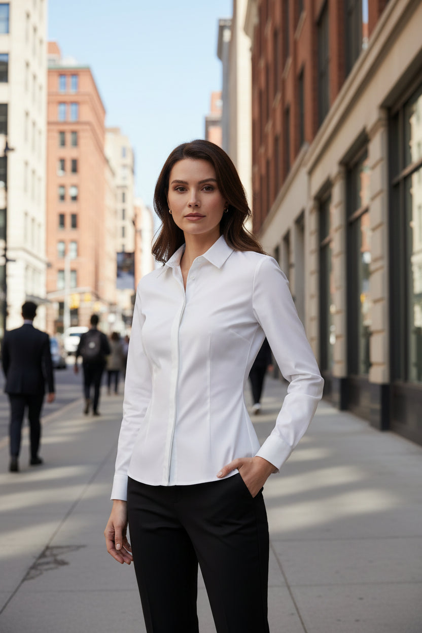 Κλασικό Γυναικείο Λευκό Πουκάμισο Slim Fit – Μακρυμάνικο Μεσάτο Μπλουζάκι για Office & Casual Look