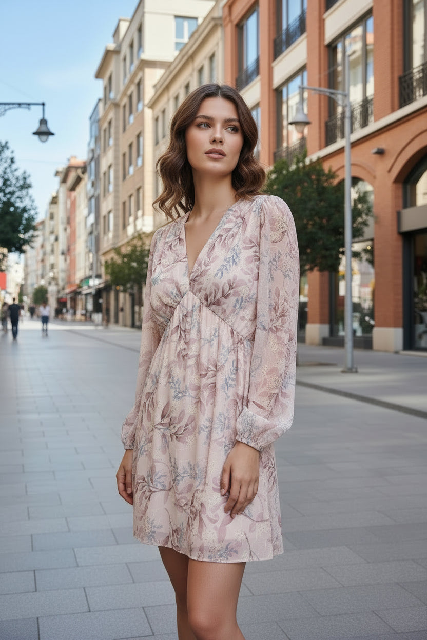 Μίνι Εμπριμέ Φόρεμα Chiffon με V Λαιμόκοψη & Μακριά Μανίκια – Ροζ/Nude