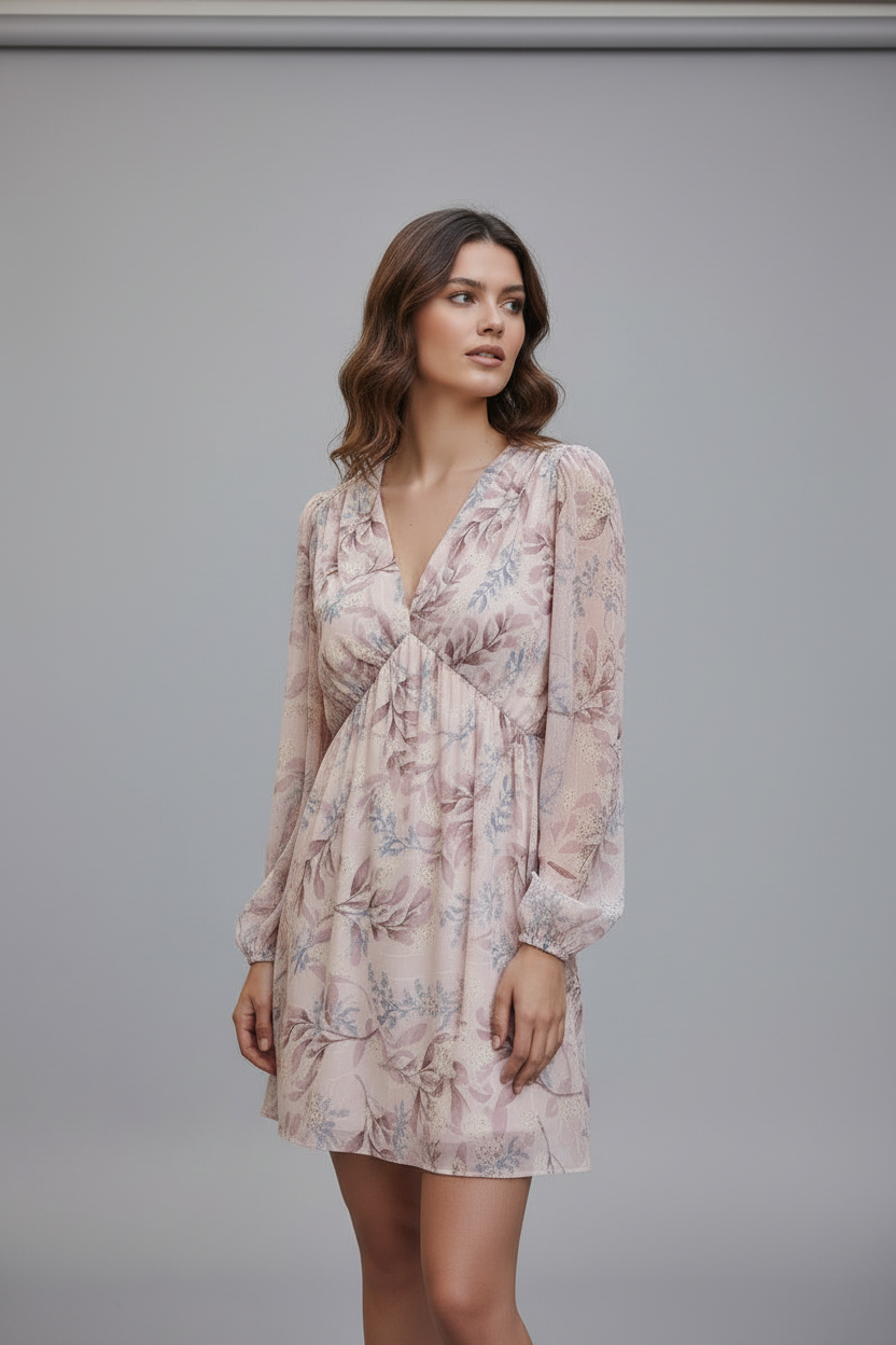 Μίνι Εμπριμέ Φόρεμα Chiffon με V Λαιμόκοψη & Μακριά Μανίκια – Ροζ/Nude