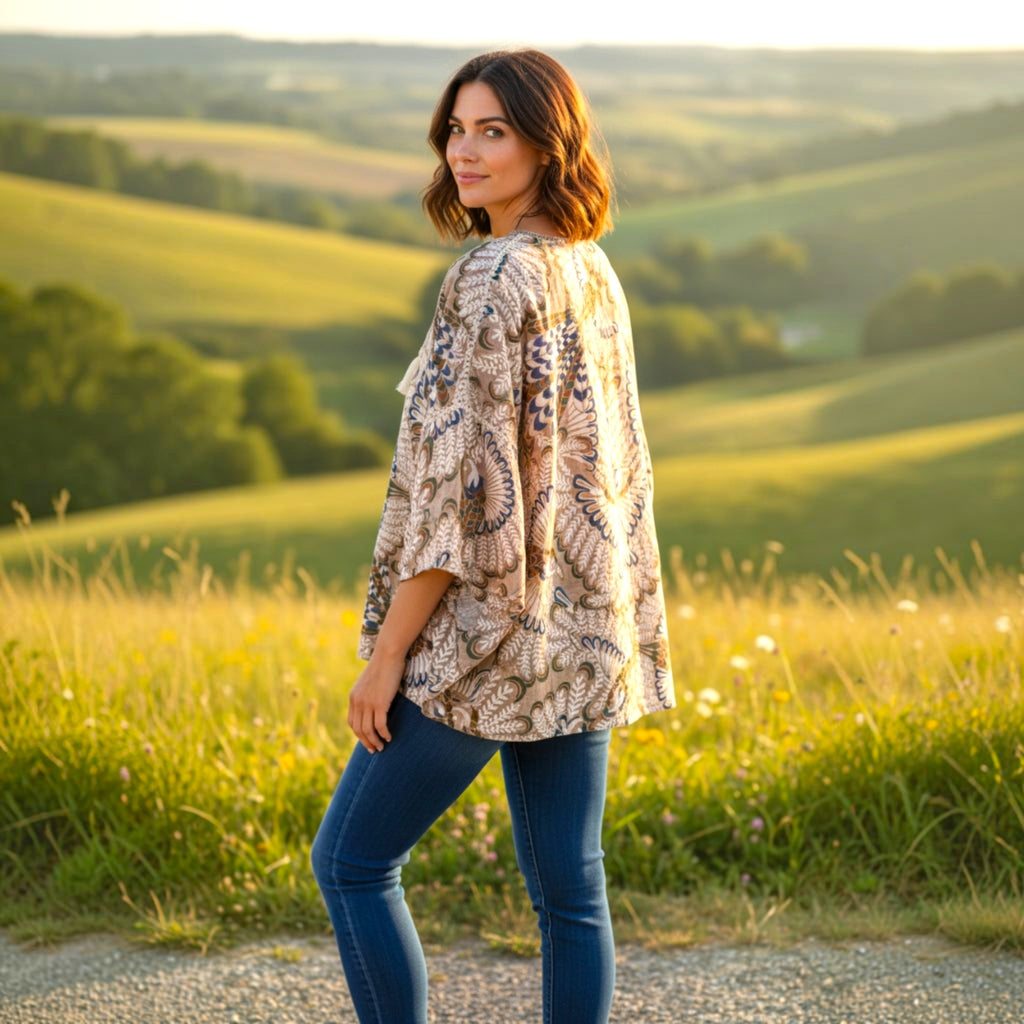 Γυναικεία boho tunic μπλούζα folk μοτίβο με μανίκι 3/4