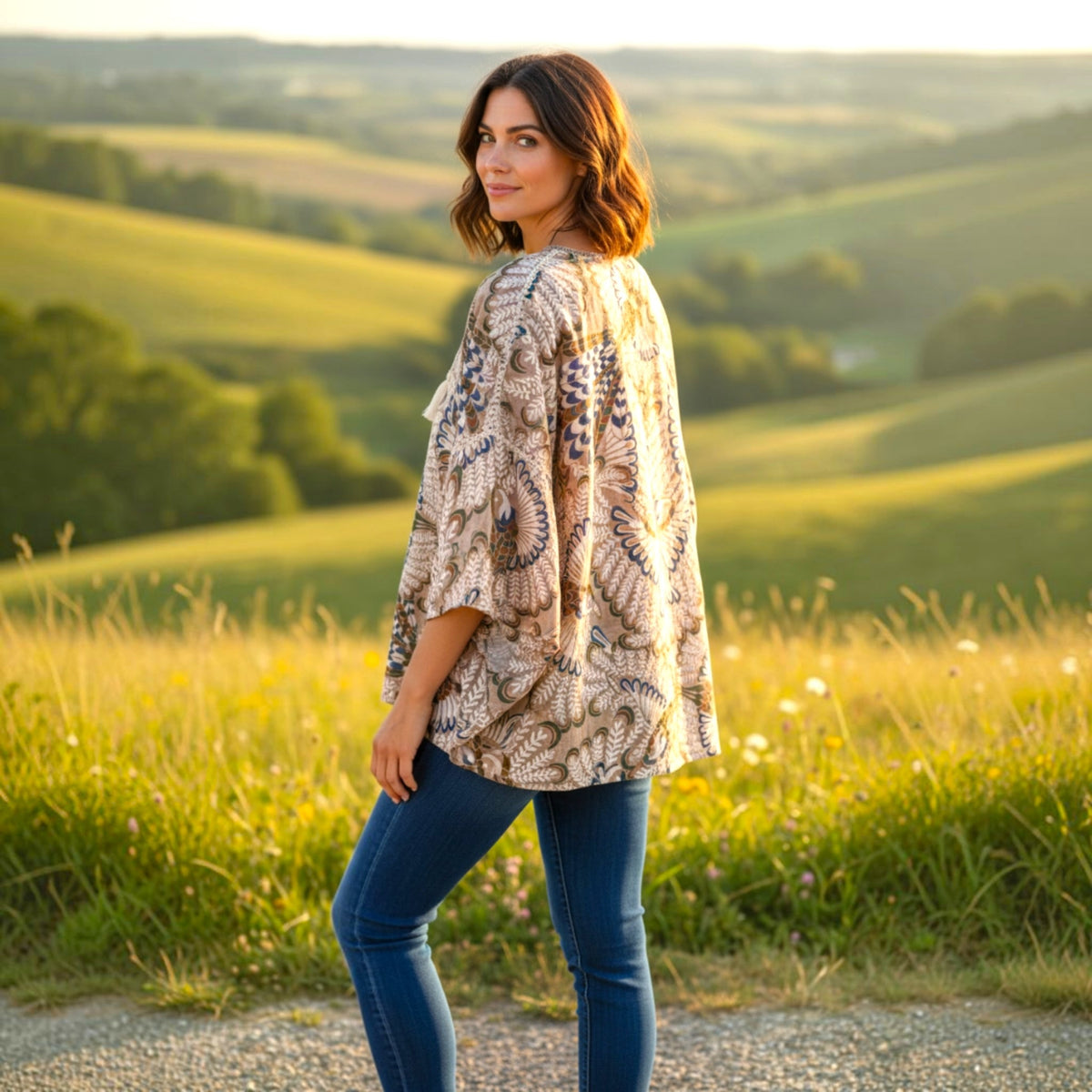 Γυναικεία boho tunic μπλούζα folk μοτίβο με μανίκι 3/4