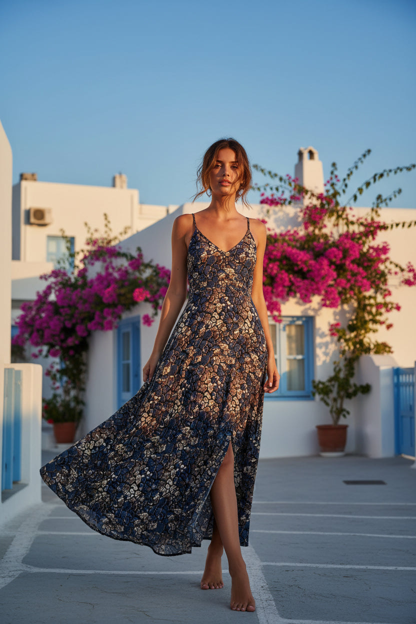 Midnight Bloom Μάξι Φόρεμα με Floral Lace Effect & Λεπτές Τιράντες