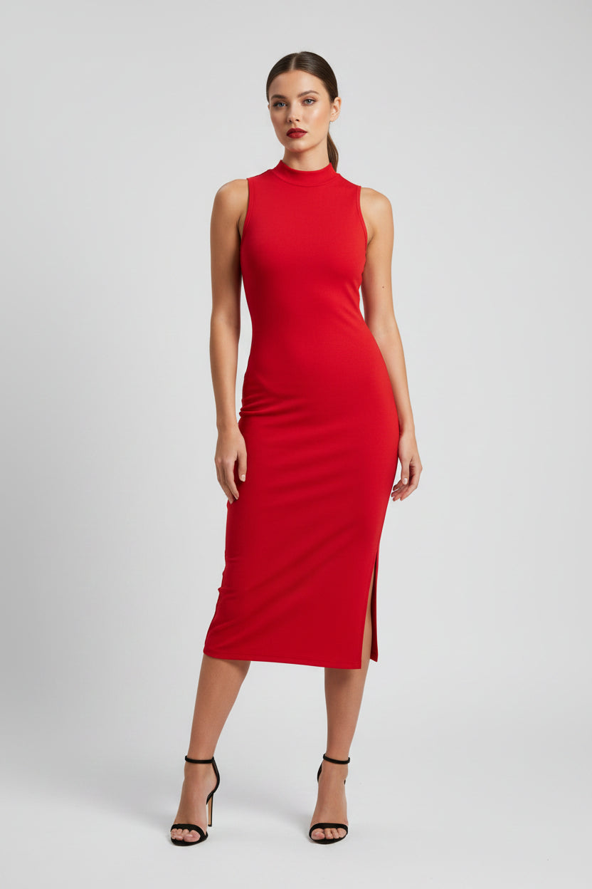 Midi Bodycon Αμάνικο  Φόρεμα Ριμπ με Ψηλό Λαιμό