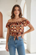 Retro Boho Γυναικεία Μπλούζα Off-Shoulder με Γεωμετρικό Μοτίβο και Δέσιμο
