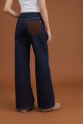 Ψηλόμεσο Wide Leg Τζιν Παντελόνι με Suede Λεπτομέρεια - Σκούρο Μπλε