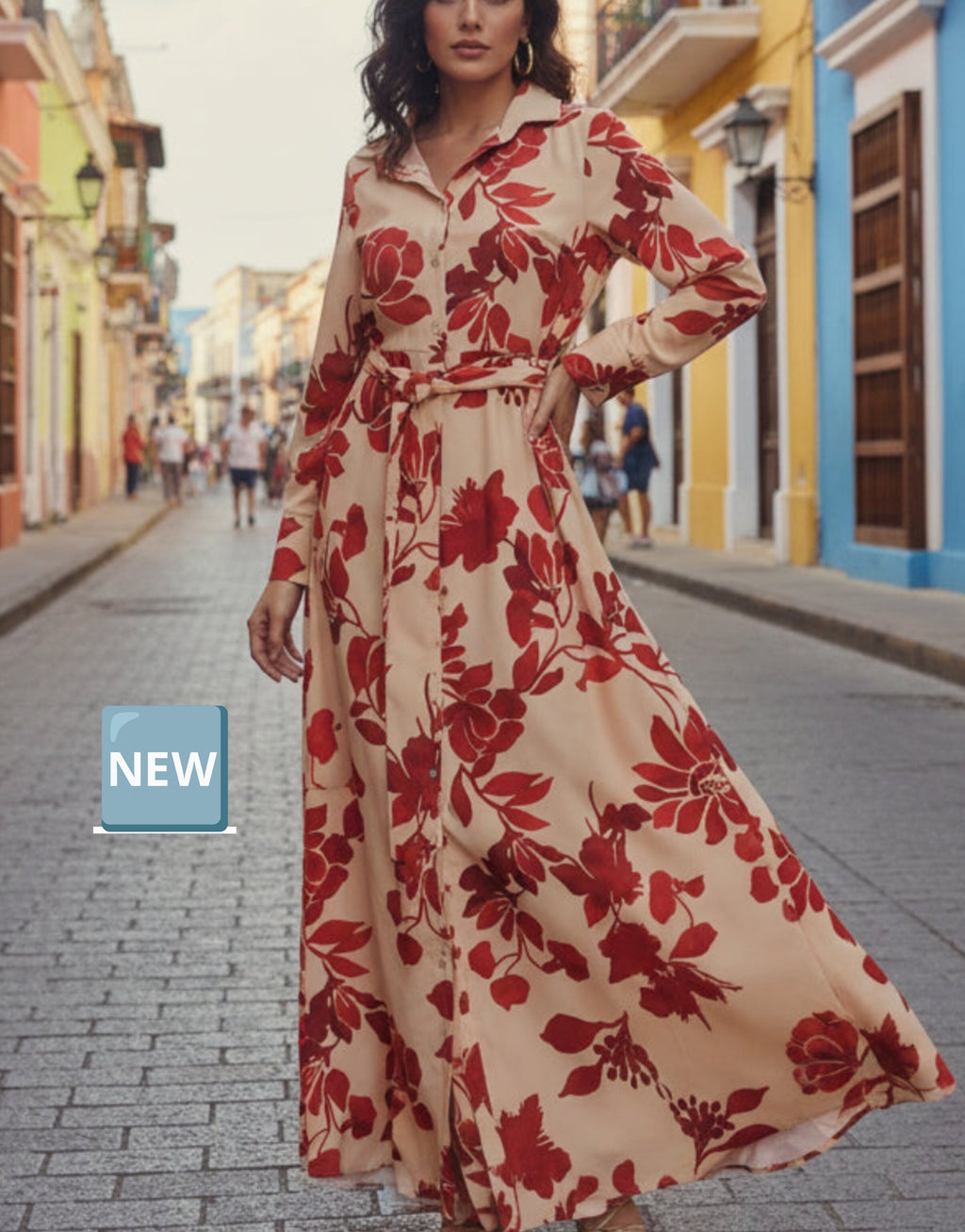 Μάξι Φόρεμα Σεμιζιέ με Φλοράλ Μοτίβο & Ζώνη – Μπεζ / Κόκκινο