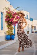Μάξι Εμπριμέ Φόρεμα με Αφηρημένο Pattern και Δέσιμο στην Πλάτη – Καφέ / Εκρού