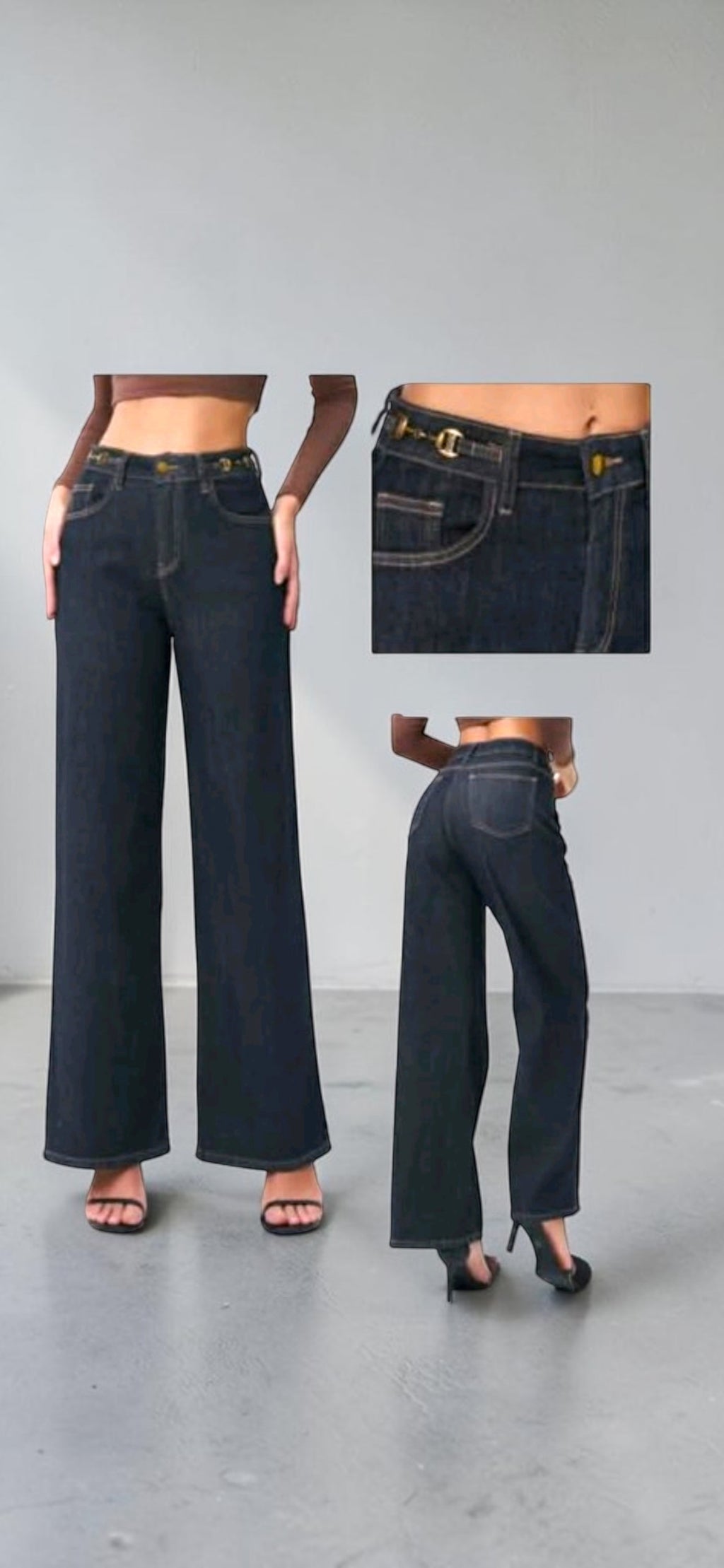 Ψηλόμεσο Γυναικείο Jean Παντελόνι Wide Leg με Μεταλλικές Λεπτομέρειες – Σκούρο Μπλε