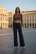 Ψηλόμεσο Γυναικείο Jean Παντελόνι Wide Leg με Μεταλλικές Λεπτομέρειες – Σκούρο Μπλε 