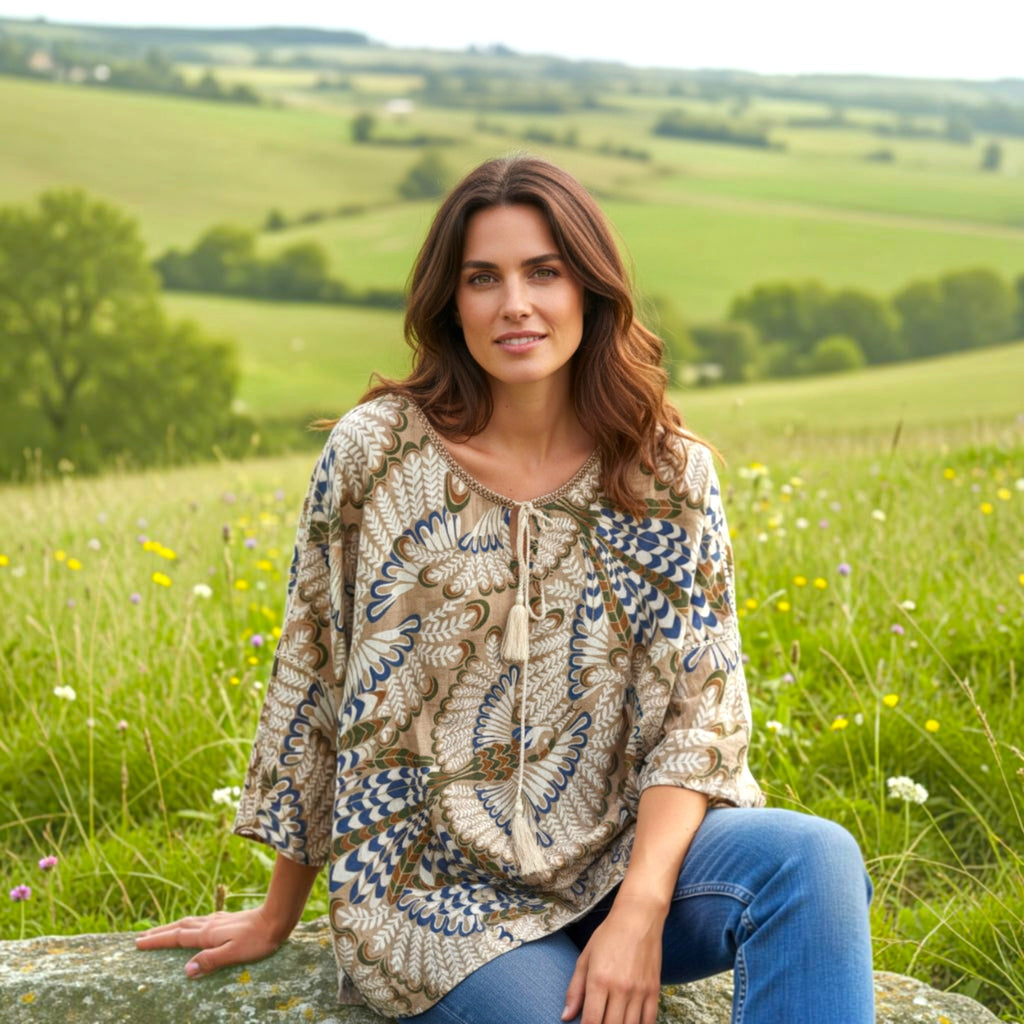 Γυναικεία boho tunic μπλούζα folk μοτίβο με μανίκι 3/4
