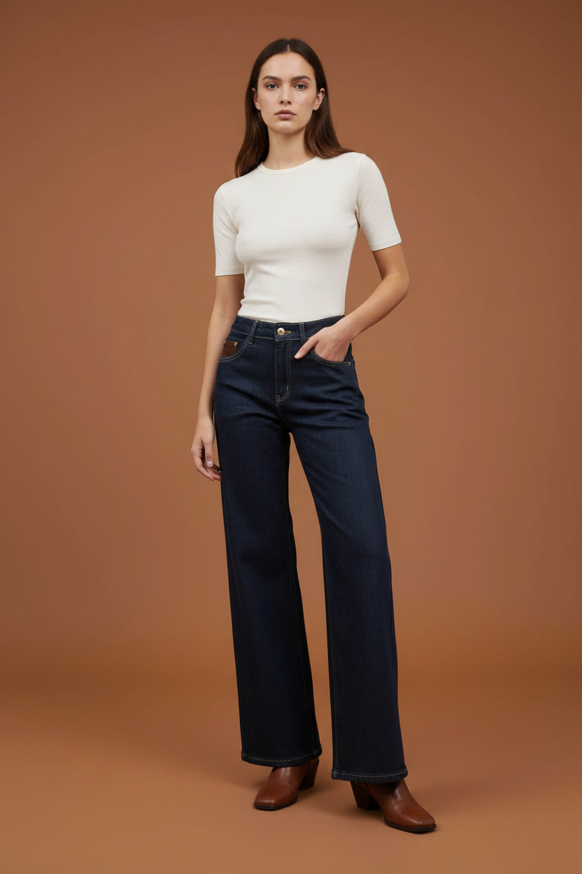 Ψηλόμεσο Wide Leg Τζιν Παντελόνι με Suede Λεπτομέρεια - Σκούρο Μπλε